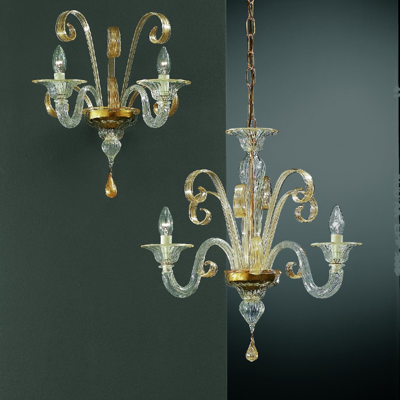 206-A2 sconce  206-3 chandelier in clear glass with gold details