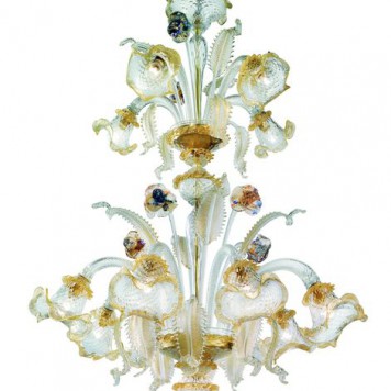 211-8+4 Chandelier in clear glass decorated with 24k gold polycrome diam90 h115cm 12x40W E14